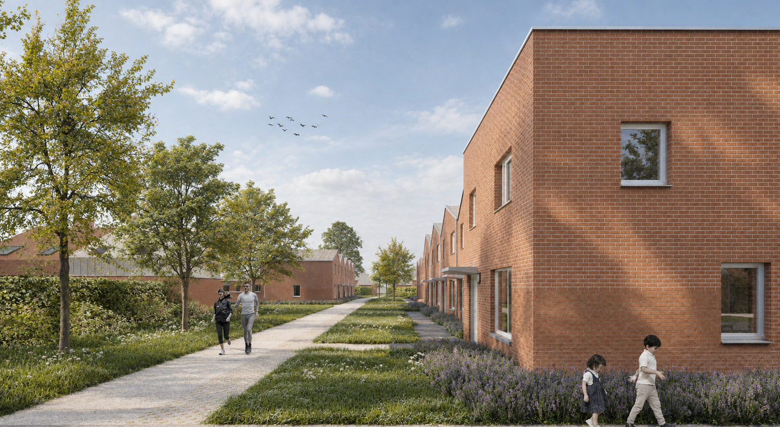 Tranquil Suburban Pathway with Families